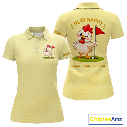 Personalized Funny Chicken Golf Polo Shirt for Womens  Play Happy Swing Smile Repeat