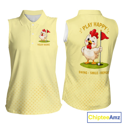 Personalized Funny Chicken Womens Sleeveless Golf Polo Shirt for Womens  Play Happy Swing Smile Repeat