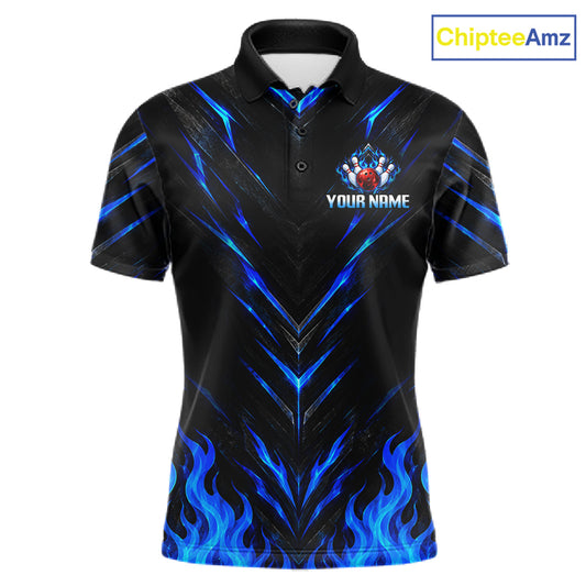 Custom Men Bowling Polo Shirt, Blue Flame Bowling Shirt, Personalized Name Team Bowling Polo NHT1568