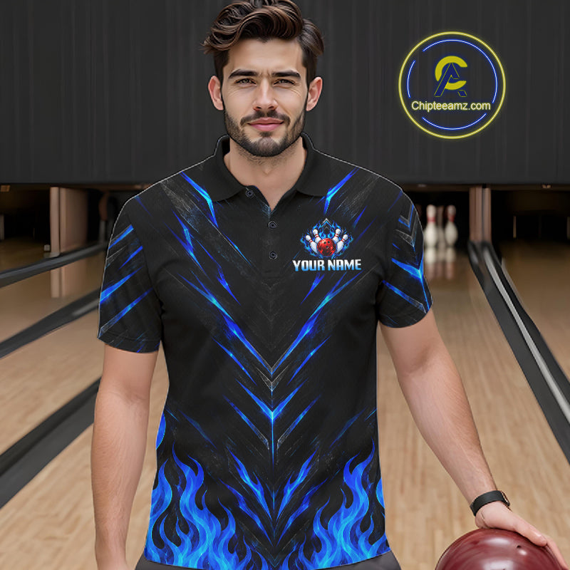 Custom Men Bowling Polo Shirt, Blue Flame Bowling Shirt, Personalized Name Team Bowling Polo NHT1568