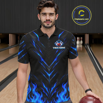 Custom Men Bowling Polo Shirt, Blue Flame Bowling Shirt, Personalized Name Team Bowling Polo NHT1568