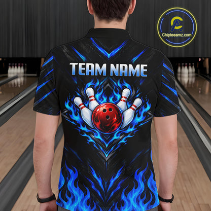 Custom Men Bowling Polo Shirt, Blue Flame Bowling Shirt, Personalized Name Team Bowling Polo NHT1568