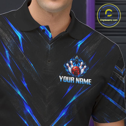 Custom Men Bowling Polo Shirt, Blue Flame Bowling Shirt, Personalized Name Team Bowling Polo NHT1568