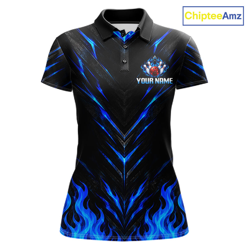 Custom Women Bowling Polo Shirt, Blue Flame Bowling Shirt, Personalized Name Team Bowling Polo NHT1568