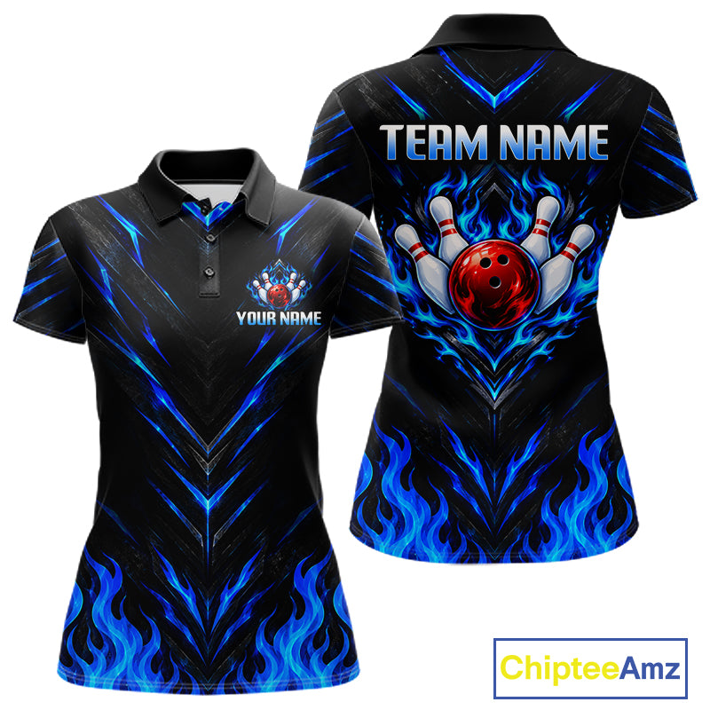 Custom Women Bowling Polo Shirt, Blue Flame Bowling Shirt, Personalized Name Team Bowling Polo NHT1568