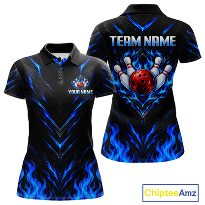 Custom Women Bowling Polo Shirt, Blue Flame Bowling Shirt, Personalized Name Team Bowling Polo NHT1568