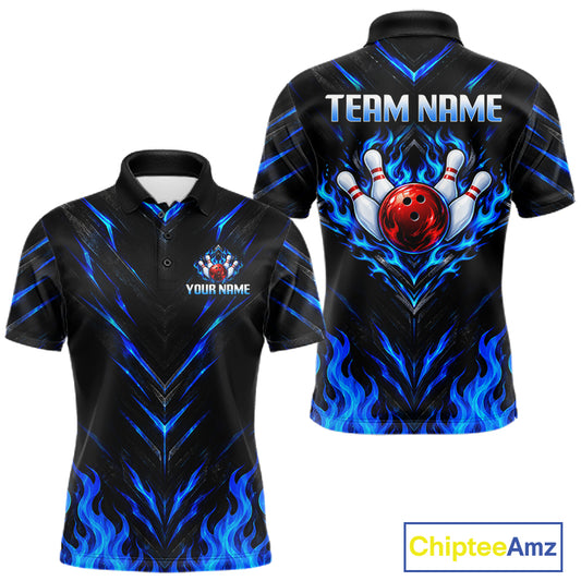 Custom Men Bowling Polo Shirt, Blue Flame Bowling Shirt, Personalized Name Team Bowling Polo NHT1568