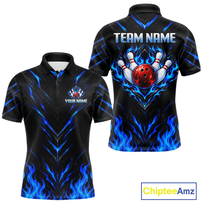 Custom Men Bowling Polo Shirt, Blue Flame Bowling Shirt, Personalized Name Team Bowling Polo NHT1568