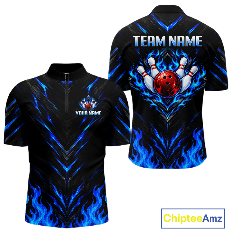 Custom Men Bowling Polo Shirt, Blue Flame Bowling Shirt, Personalized Name Team Bowling Polo NHT1568