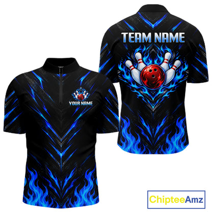 Custom Men Bowling Polo Shirt, Blue Flame Bowling Shirt, Personalized Name Team Bowling Polo NHT1568