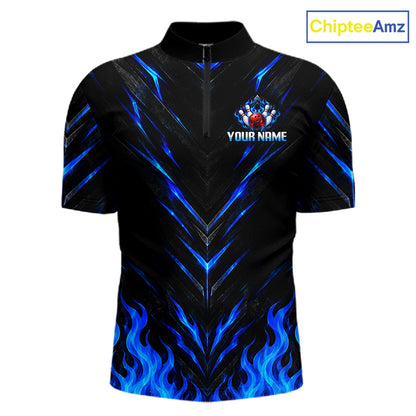 Custom Men Bowling Polo Shirt, Blue Flame Bowling Shirt, Personalized Name Team Bowling Polo NHT1568