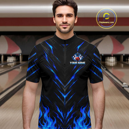 Custom Men Bowling Polo Shirt, Blue Flame Bowling Shirt, Personalized Name Team Bowling Polo NHT1568