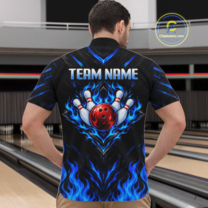 Custom Men Bowling Polo Shirt, Blue Flame Bowling Shirt, Personalized Name Team Bowling Polo NHT1568