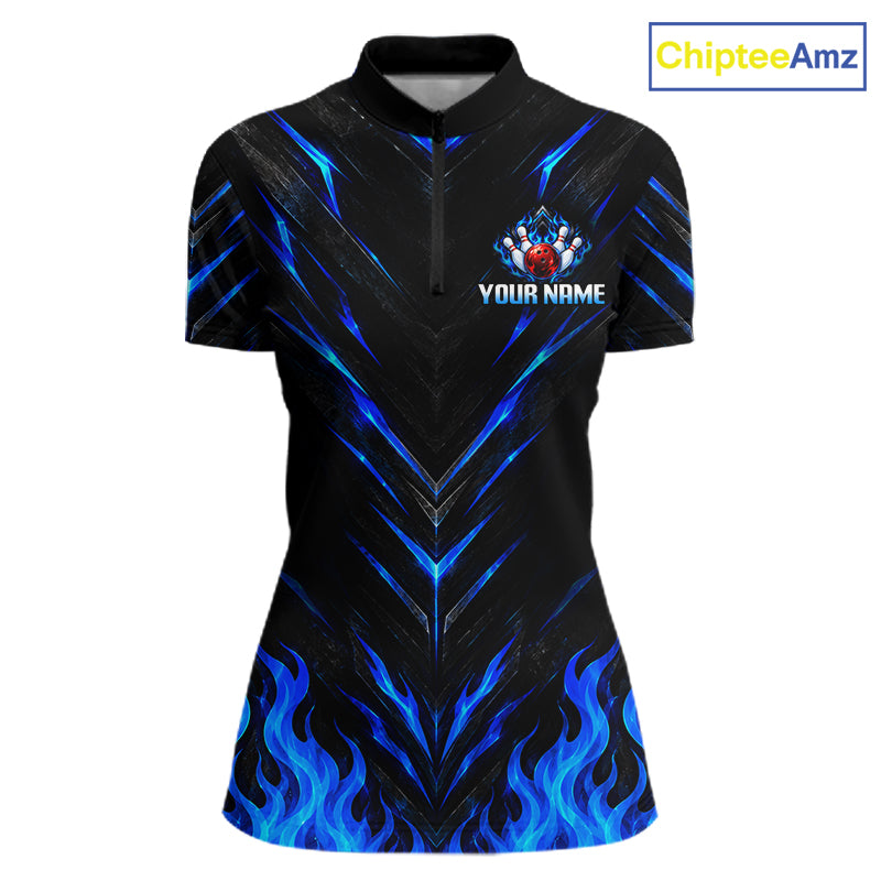 Custom Women Bowling Polo Shirt, Blue Flame Bowling Shirt, Personalized Name Team Bowling Polo NHT1568