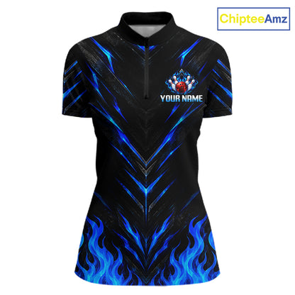Custom Women Bowling Polo Shirt, Blue Flame Bowling Shirt, Personalized Name Team Bowling Polo NHT1568