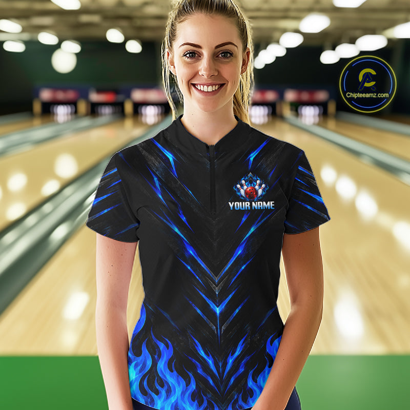 Custom Women Bowling Polo Shirt, Blue Flame Bowling Shirt, Personalized Name Team Bowling Polo NHT1568