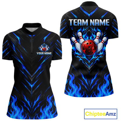 Custom Women Bowling Polo Shirt, Blue Flame Bowling Shirt, Personalized Name Team Bowling Polo NHT1568