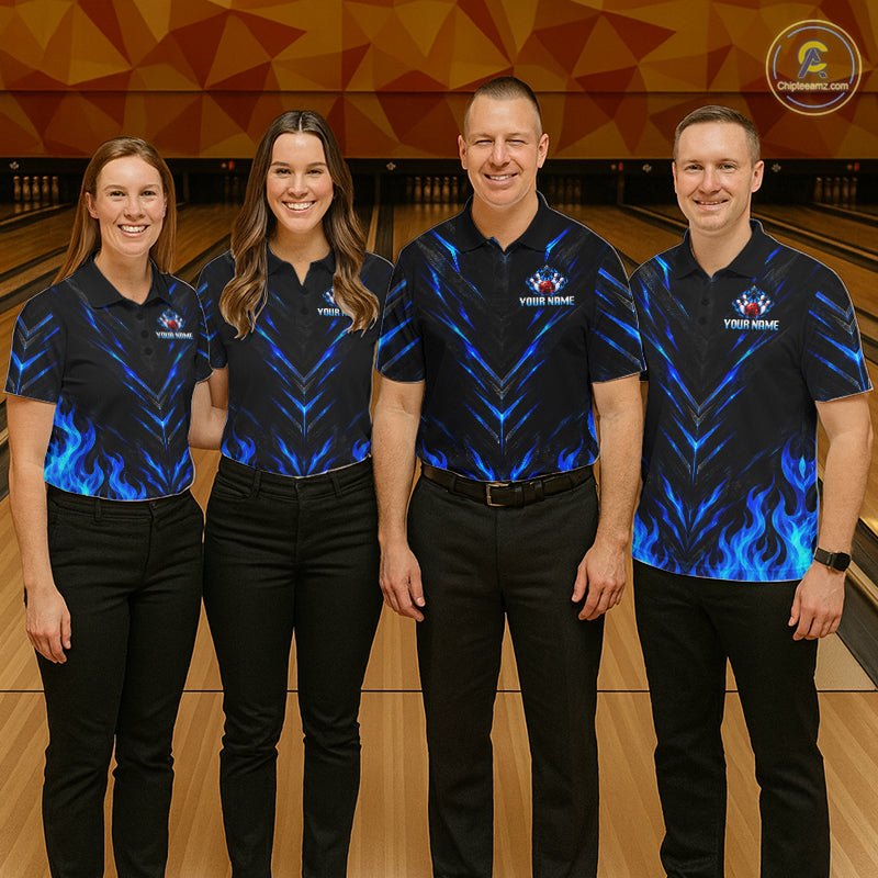 Custom Women Bowling Polo Shirt, Blue Flame Bowling Shirt, Personalized Name Team Bowling Polo NHT1568