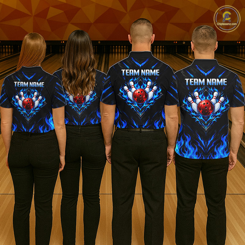 Custom Women Bowling Polo Shirt, Blue Flame Bowling Shirt, Personalized Name Team Bowling Polo NHT1568