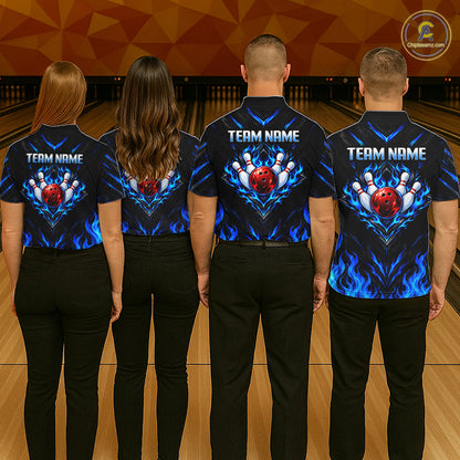 Custom Women Bowling Polo Shirt, Blue Flame Bowling Shirt, Personalized Name Team Bowling Polo NHT1568