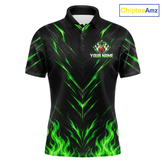 Custom Men Bowling Polo Shirt, Green Flame Bowling Shirt, Personalized Name Team Bowling Polo NHT1569