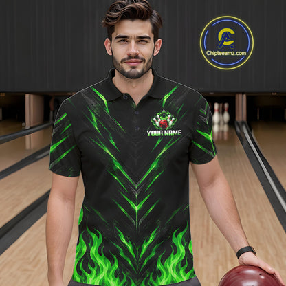 Custom Men Bowling Polo Shirt, Green Flame Bowling Shirt, Personalized Name Team Bowling Polo NHT1569