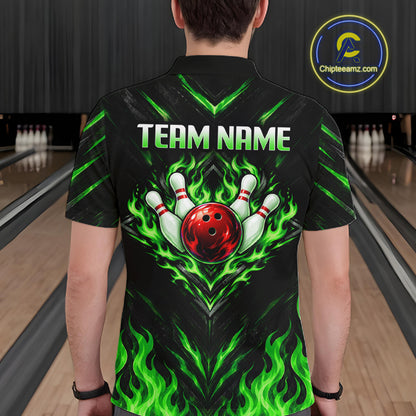 Custom Men Bowling Polo Shirt, Green Flame Bowling Shirt, Personalized Name Team Bowling Polo NHT1569