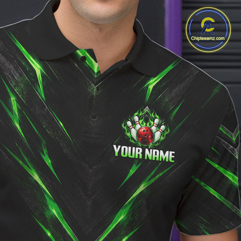 Custom Men Bowling Polo Shirt, Green Flame Bowling Shirt, Personalized Name Team Bowling Polo NHT1569