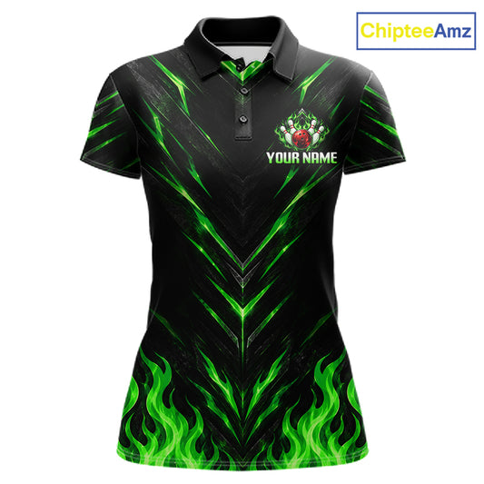 Custom Women Bowling Polo Shirt, Green Flame Bowling Shirt, Personalized Name Team Bowling Polo NHT1569