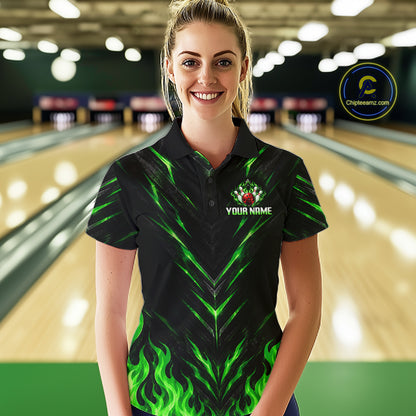 Custom Women Bowling Polo Shirt, Green Flame Bowling Shirt, Personalized Name Team Bowling Polo NHT1569