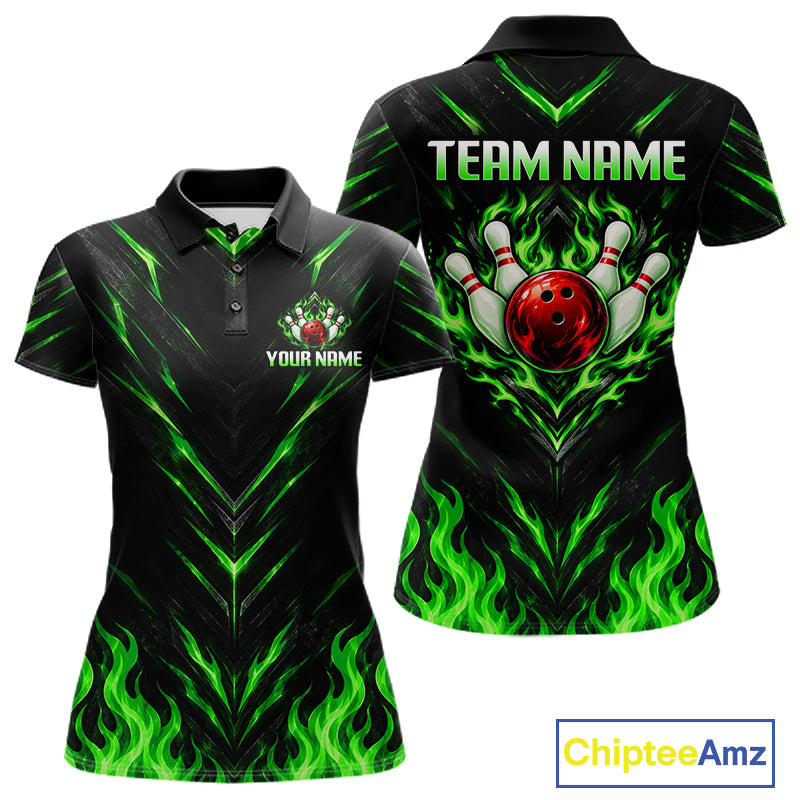 Custom Women Bowling Polo Shirt, Green Flame Bowling Shirt, Personalized Name Team Bowling Polo NHT1569