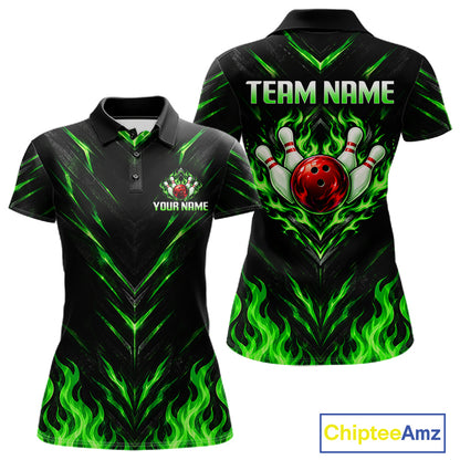 Custom Women Bowling Polo Shirt, Green Flame Bowling Shirt, Personalized Name Team Bowling Polo NHT1569
