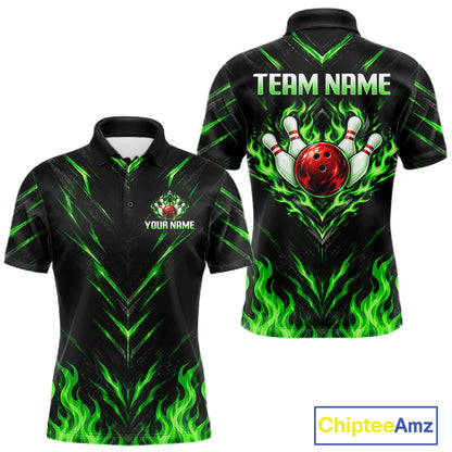 Custom Men Bowling Polo Shirt, Green Flame Bowling Shirt, Personalized Name Team Bowling Polo NHT1569