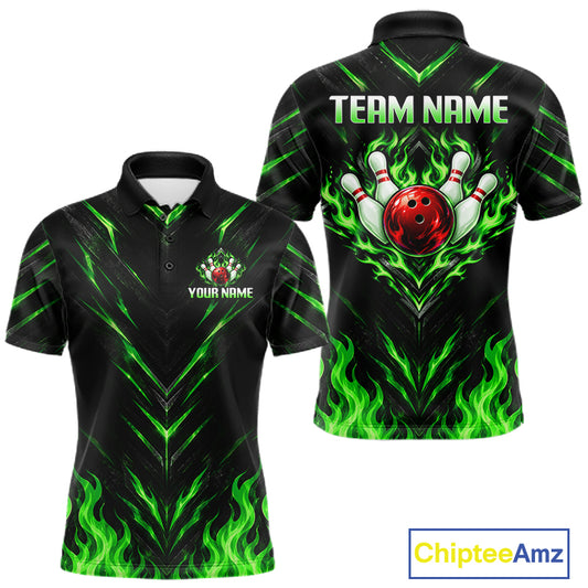 Custom Men Bowling Polo Shirt, Green Flame Bowling Shirt, Personalized Name Team Bowling Polo NHT1569