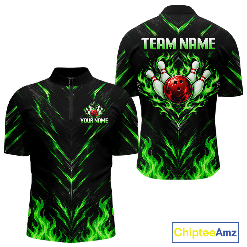 Custom Men Bowling Polo Shirt, Green Flame Bowling Shirt, Personalized Name Team Bowling Polo NHT1569