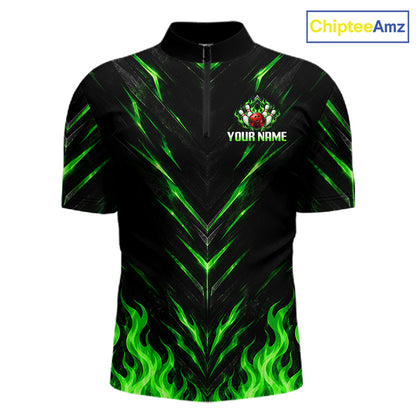 Custom Men Bowling Polo Shirt, Green Flame Bowling Shirt, Personalized Name Team Bowling Polo NHT1569