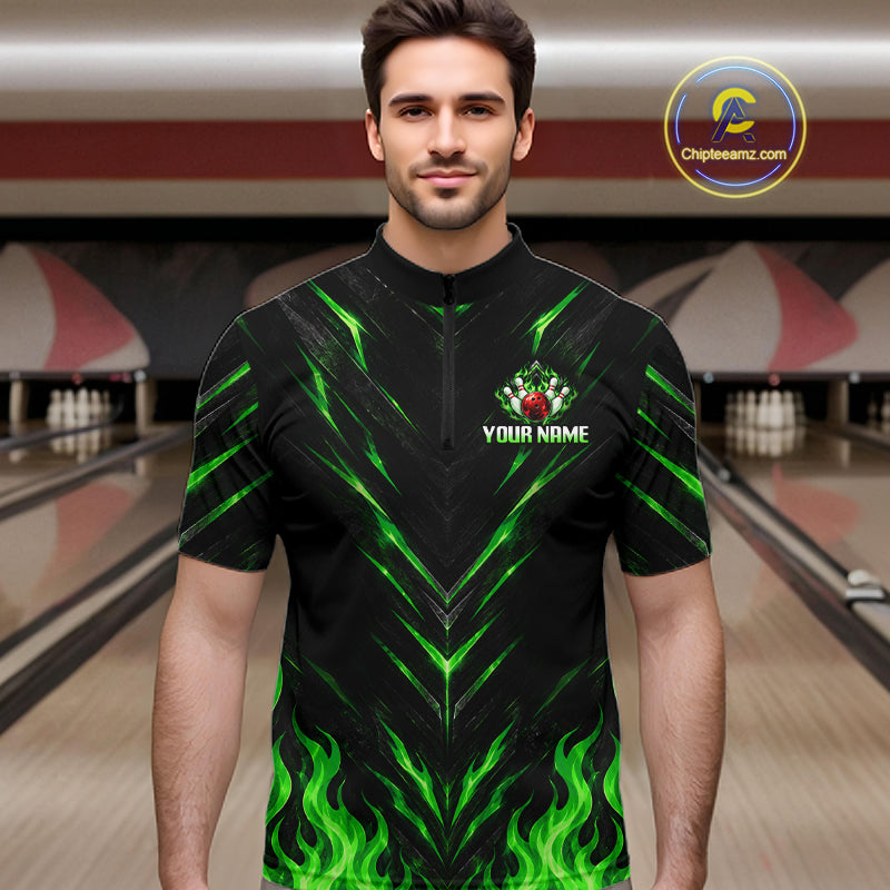 Custom Men Bowling Polo Shirt, Green Flame Bowling Shirt, Personalized Name Team Bowling Polo NHT1569