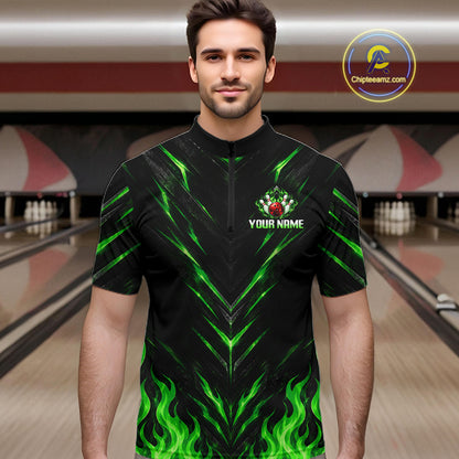 Custom Men Bowling Polo Shirt, Green Flame Bowling Shirt, Personalized Name Team Bowling Polo NHT1569