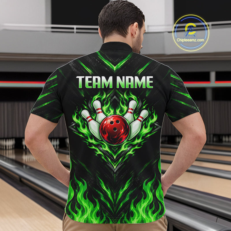 Custom Men Bowling Polo Shirt, Green Flame Bowling Shirt, Personalized Name Team Bowling Polo NHT1569