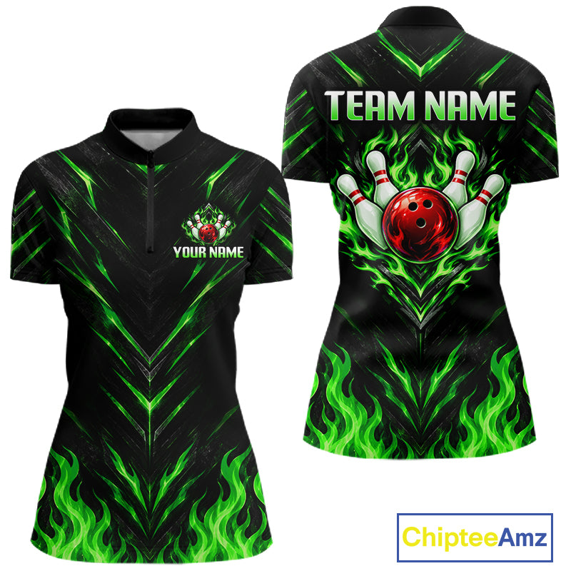 Custom Women Bowling Polo Shirt, Green Flame Bowling Shirt, Personalized Name Team Bowling Polo NHT1569