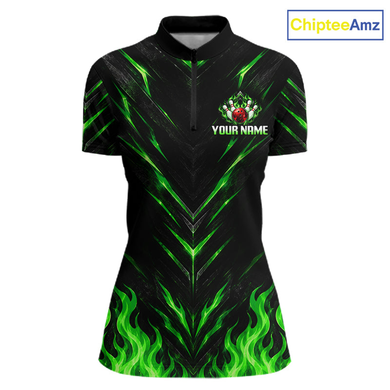 Custom Women Bowling Polo Shirt, Green Flame Bowling Shirt, Personalized Name Team Bowling Polo NHT1569