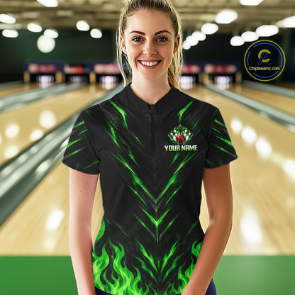 Custom Women Bowling Polo Shirt, Green Flame Bowling Shirt, Personalized Name Team Bowling Polo NHT1569