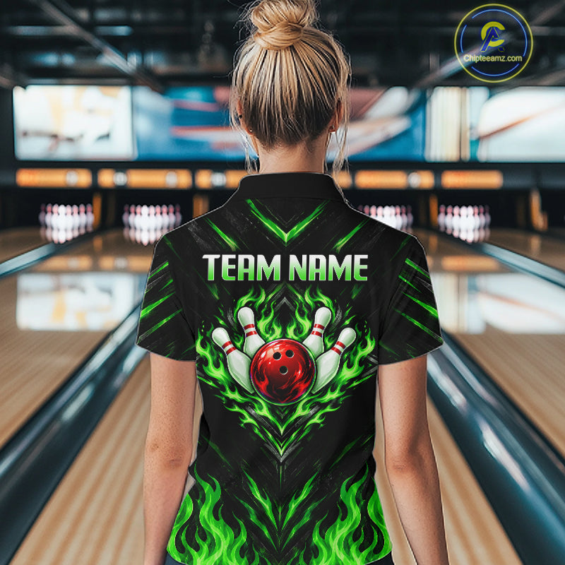 Custom Women Bowling Polo Shirt, Green Flame Bowling Shirt, Personalized Name Team Bowling Polo NHT1569