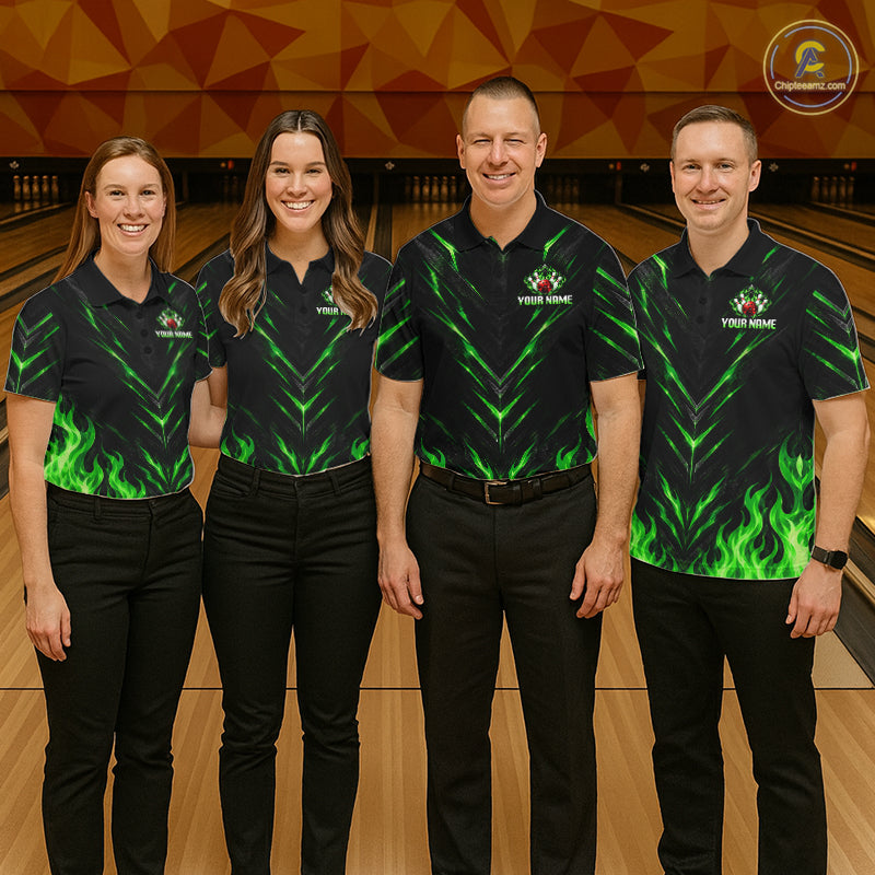 Custom Women Bowling Polo Shirt, Green Flame Bowling Shirt, Personalized Name Team Bowling Polo NHT1569
