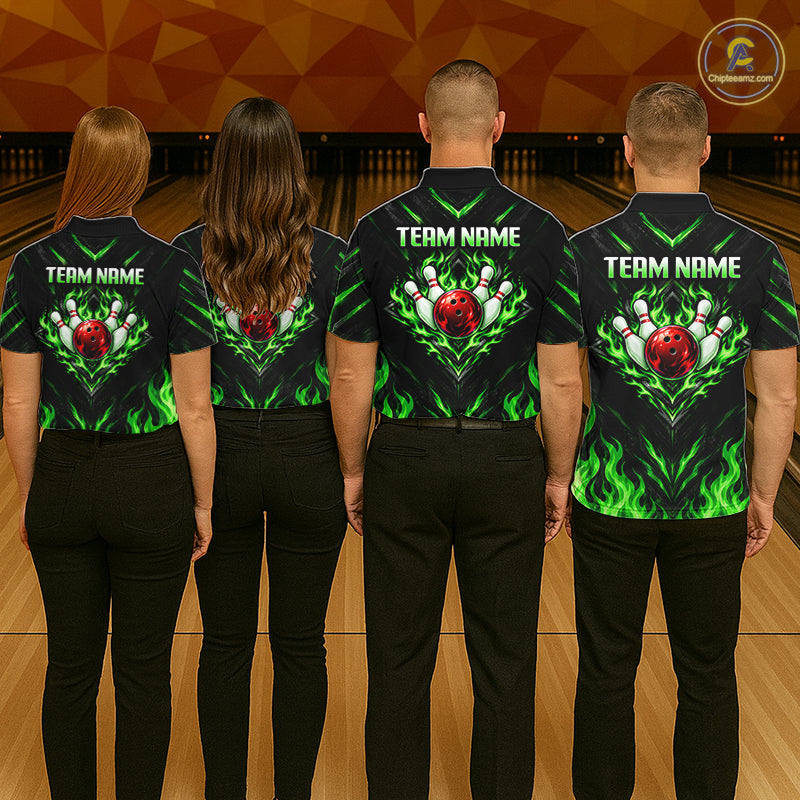 Custom Women Bowling Polo Shirt, Green Flame Bowling Shirt, Personalized Name Team Bowling Polo NHT1569