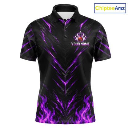 Custom Men Bowling Polo Shirt, Purple Flame Bowling Shirt, Personalized Name Team Bowling Polo NHT1570