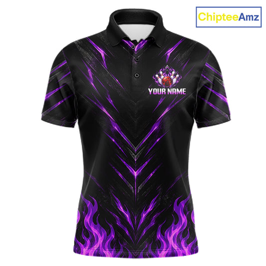 Custom Men Bowling Polo Shirt, Purple Flame Bowling Shirt, Personalized Name Team Bowling Polo NHT1570