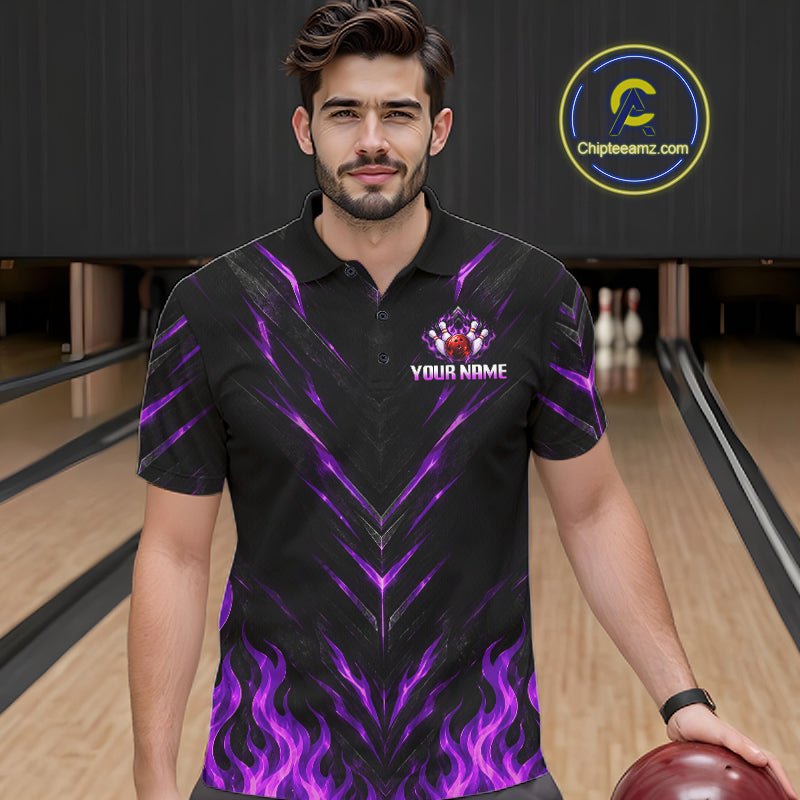 Custom Men Bowling Polo Shirt, Purple Flame Bowling Shirt, Personalized Name Team Bowling Polo NHT1570