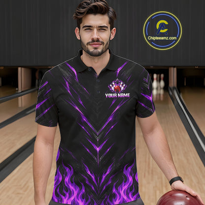Custom Men Bowling Polo Shirt, Purple Flame Bowling Shirt, Personalized Name Team Bowling Polo NHT1570
