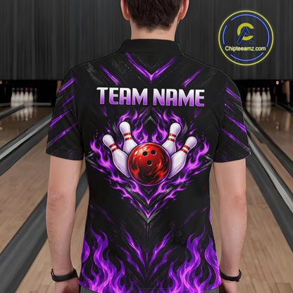 Custom Men Bowling Polo Shirt, Purple Flame Bowling Shirt, Personalized Name Team Bowling Polo NHT1570